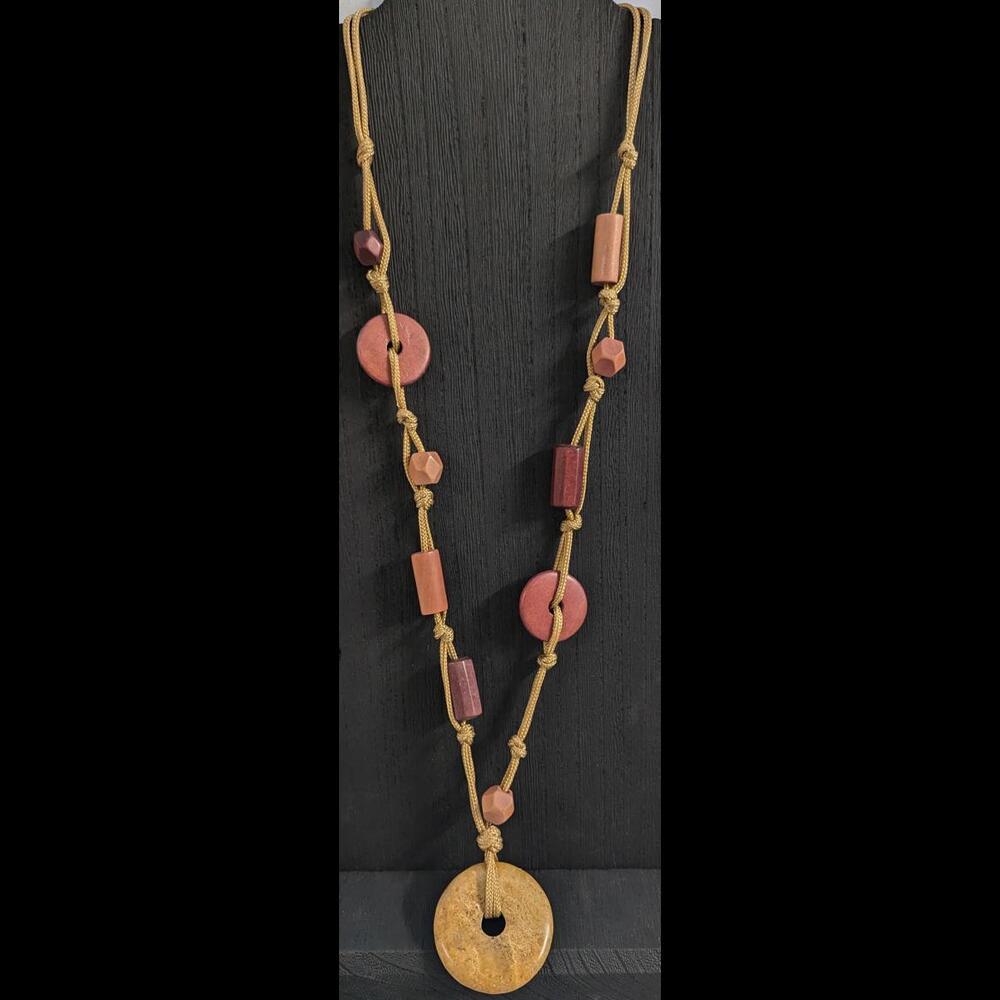 Long Bohemian Wooden Beaded Necklace Round Agate Stone Pendant 36" Hippy Boho